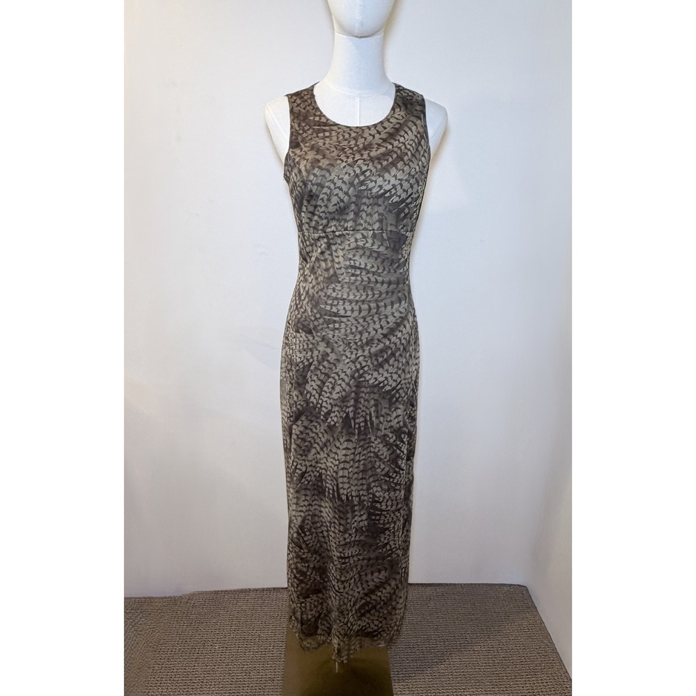 Vintage Mirrors Feather Print Mesh Maxi Dress Women Medium Excellent